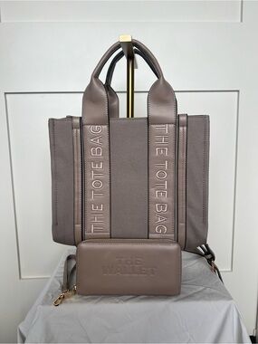 Taupe 'The Tote Bag' Canvas & Leather Tote with Matching Wallet